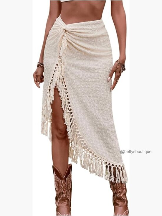 Dresses & Skirts - Women's Twist Front High Slit Fringe Skirt Asymmetrical Tassel Midi